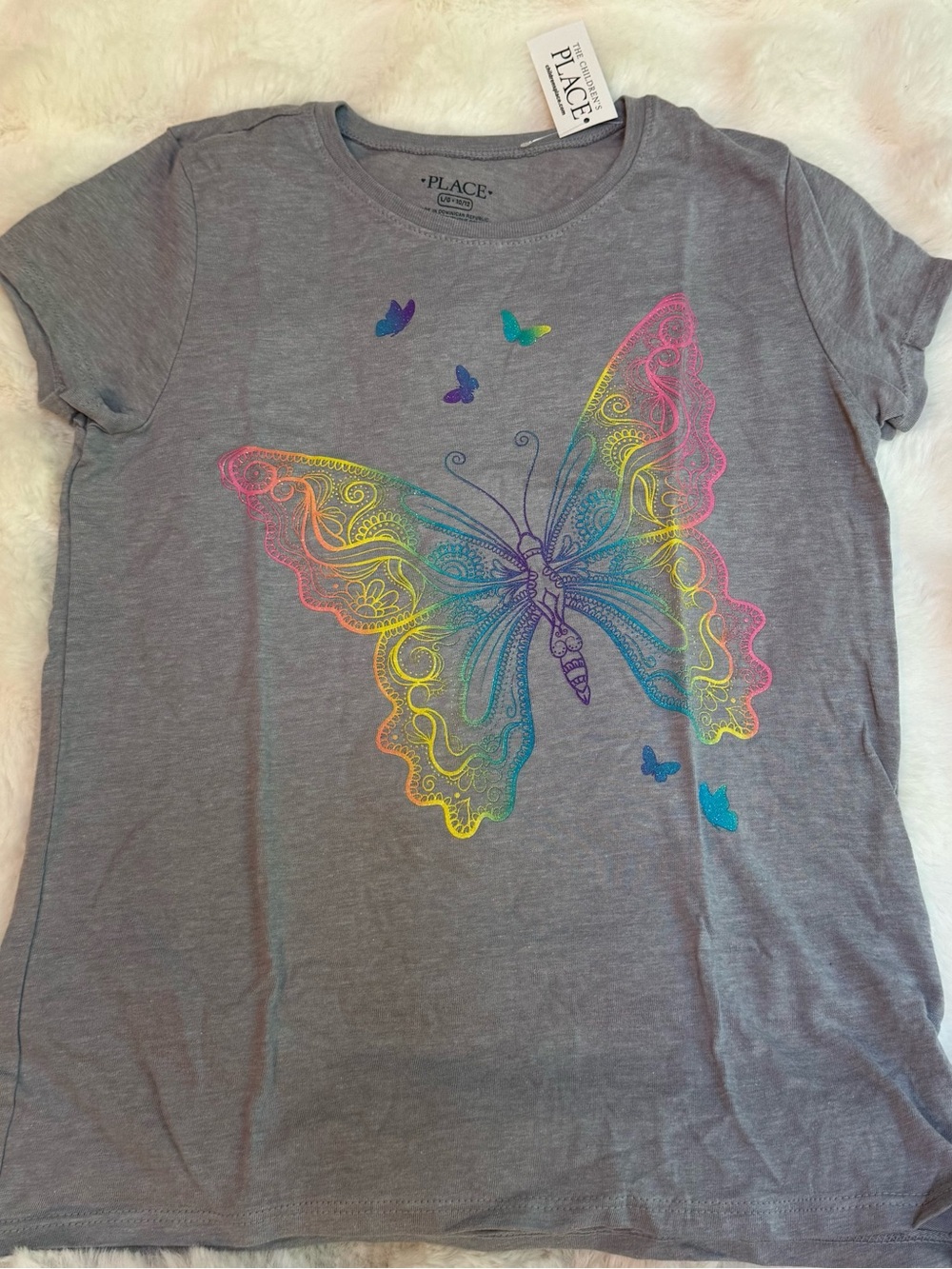 The Children's Place Gray Tee with Neon Rainbow Butterfly